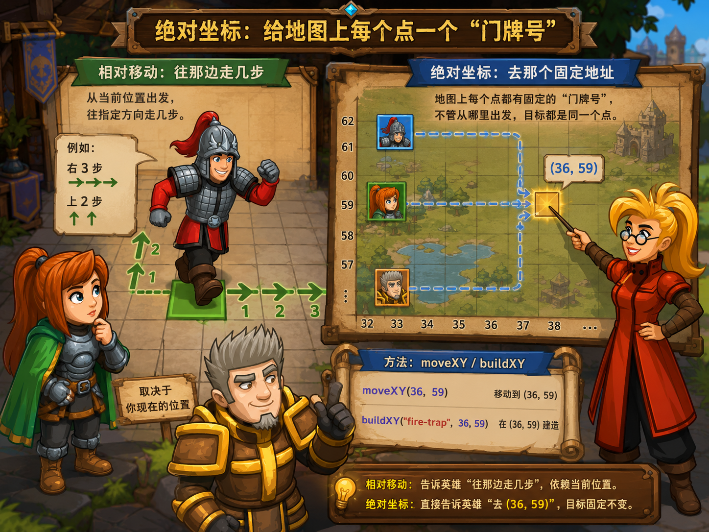 CodeCombat 绝对坐标与相对移动对比 - codecombat.cn