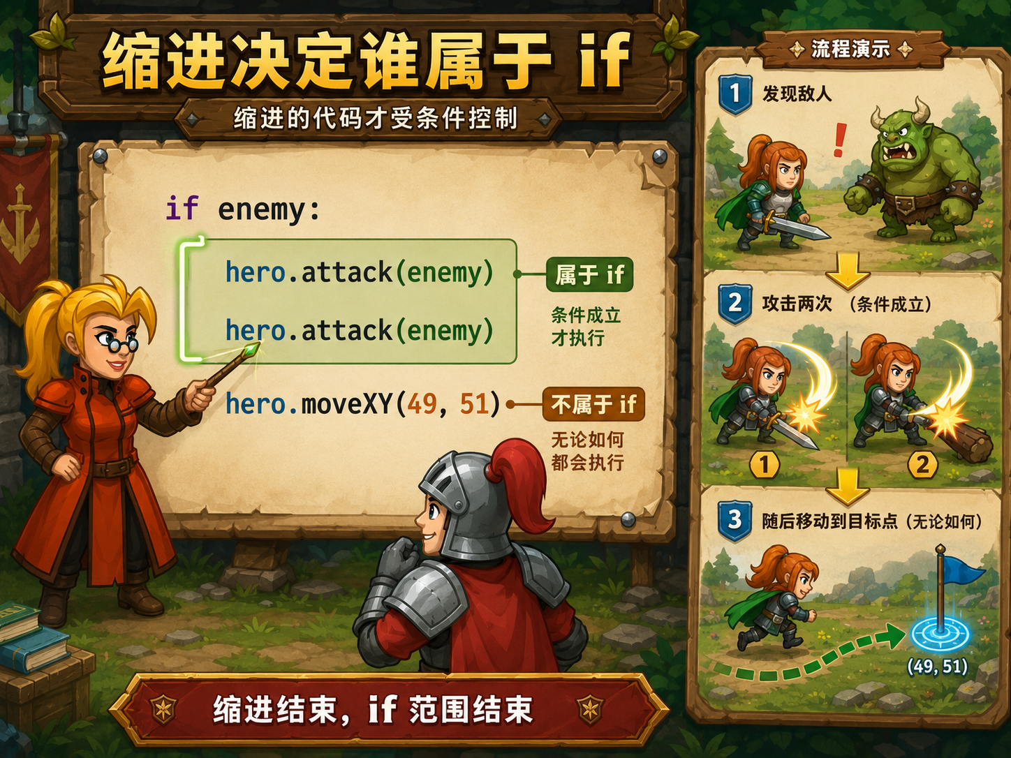 CodeCombat 缩进决定代码归属示意 - codecombat.cn