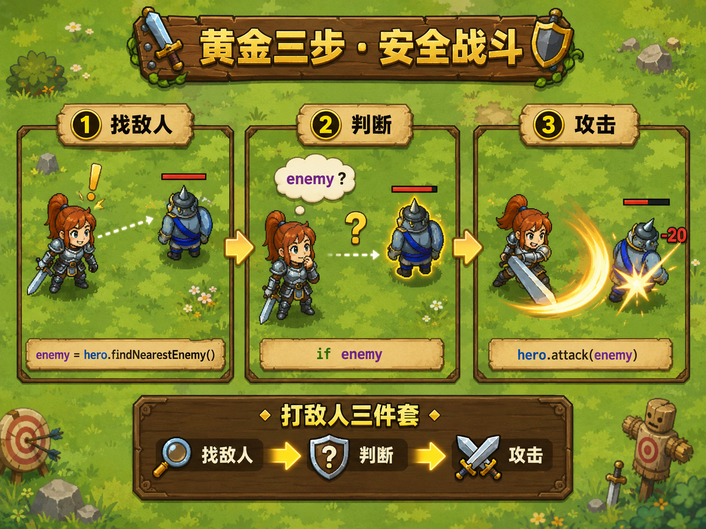 CodeCombat 打敌人三件套：找敌人、判断、攻击 - codecombat.cn