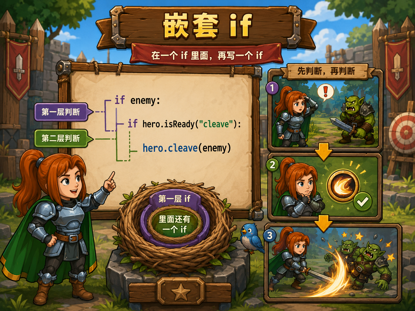 CodeCombat 嵌套 if 示意：判断里面还有判断 - codecombat.cn