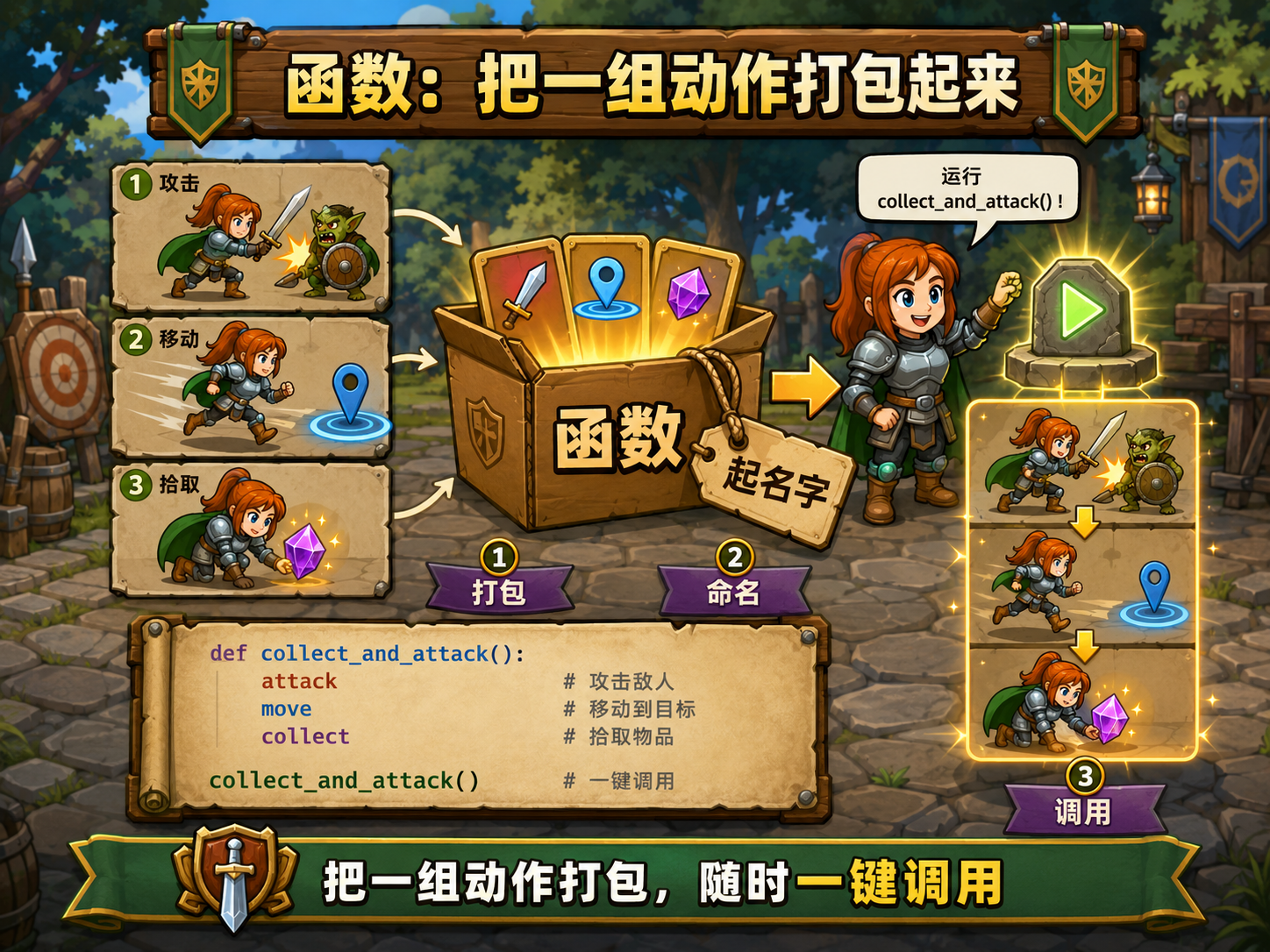 CodeCombat 函数示意：把一组动作打包起来 - codecombat.cn