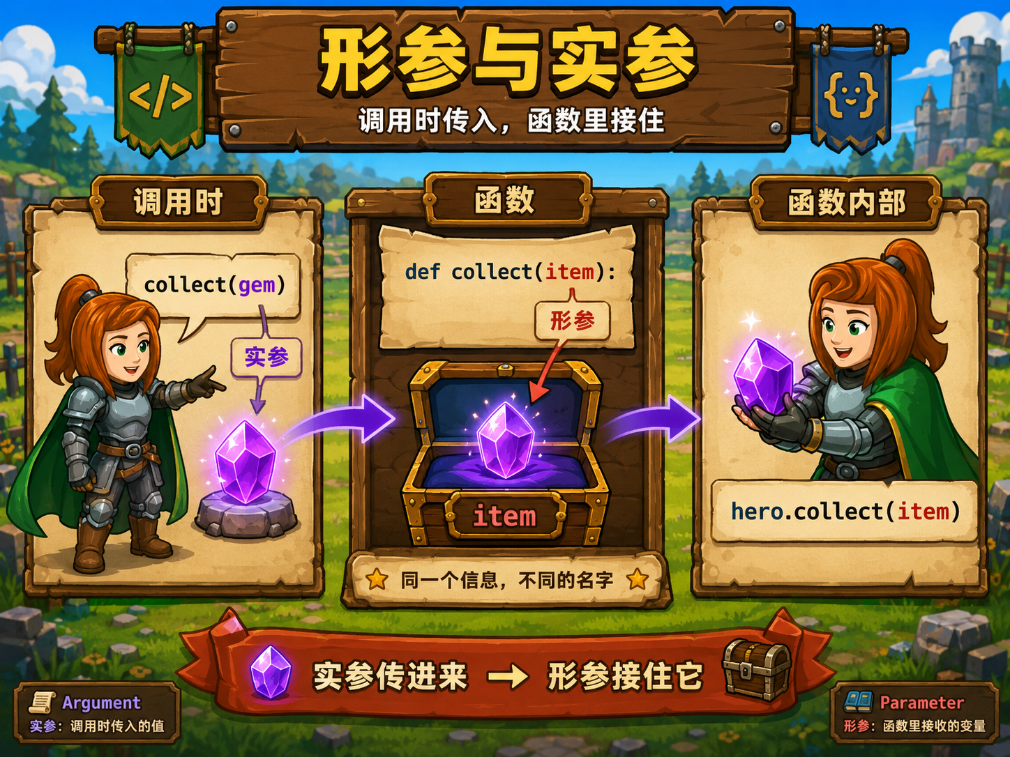 CodeCombat 形参与实参示意图 - codecombat.cn