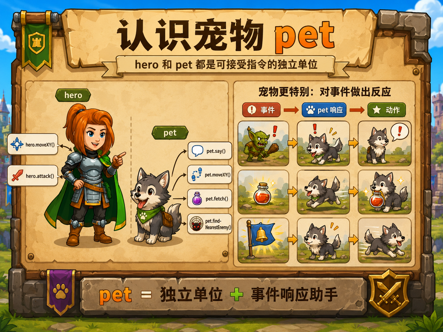 CodeCombat 认识宠物示意图 - codecombat.cn