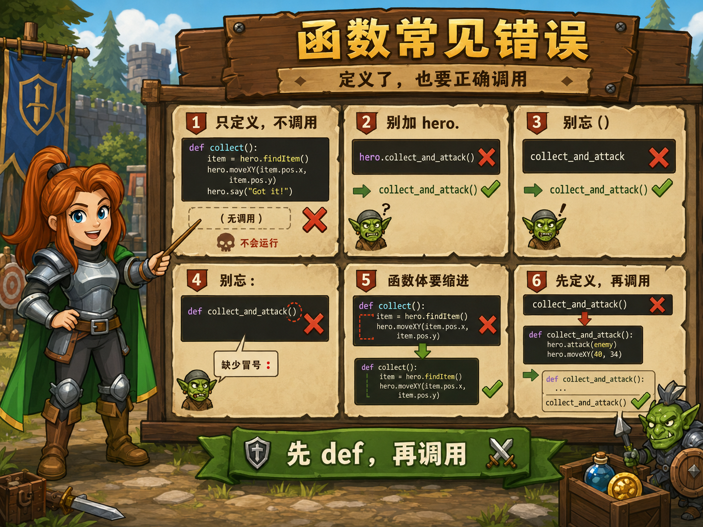 CodeCombat 函数常见错误示意 - codecombat.cn